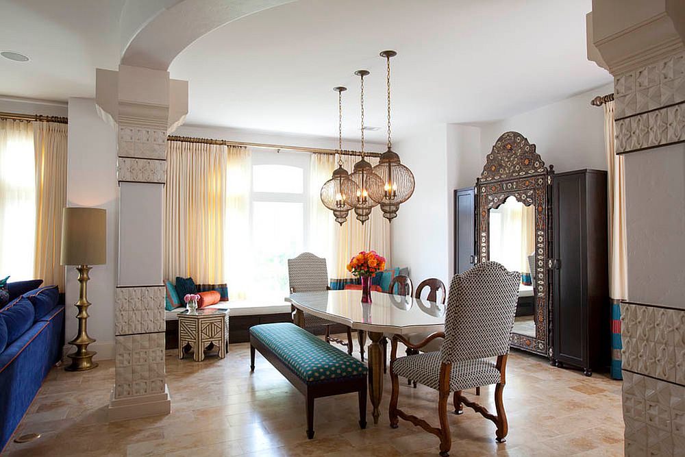 Unique lanterns give the dining room a Moroccan twist