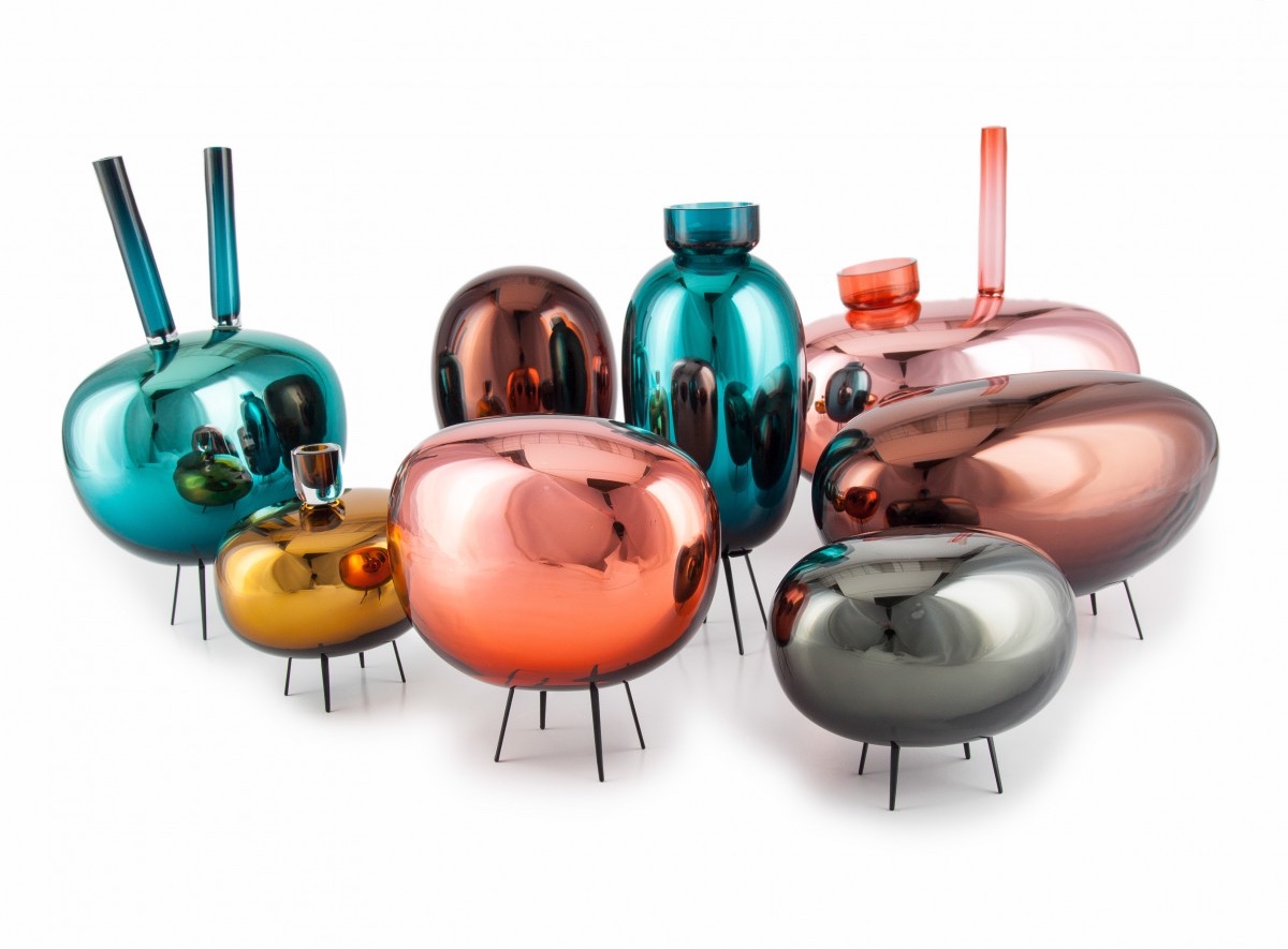 Vetroidi for Prague-based glassware company Verreum. This small and rather charming group of quirky extraterrestrial-style objects perform a multitude of functions. Made from mouth-blown glass with steel legs.