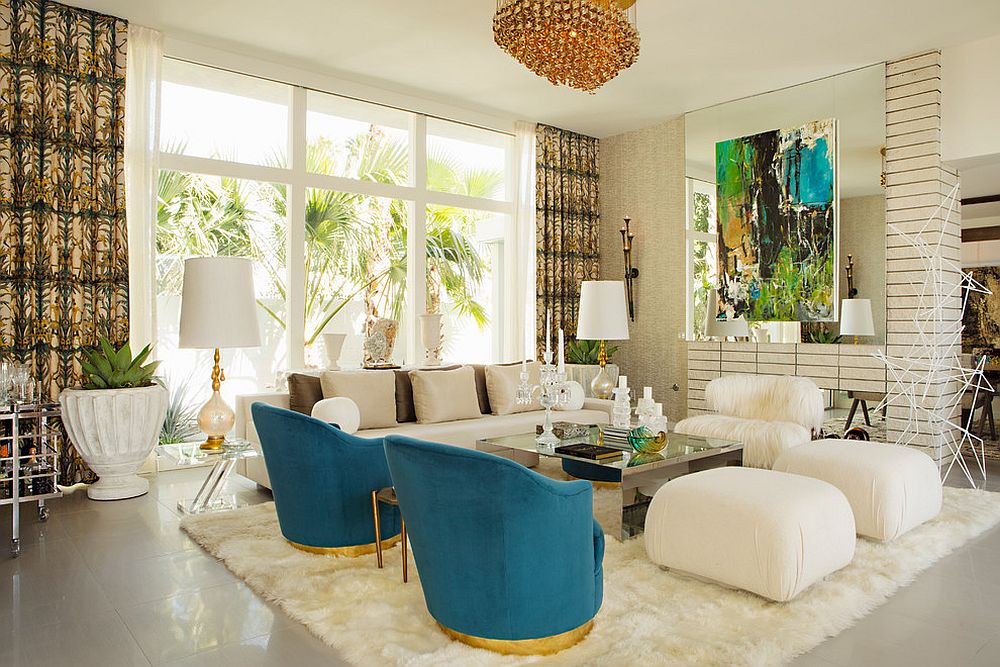 Vibrant contemporary living room with mirrored coffee table [Design: Woodson & Rummerfield's House of Design]