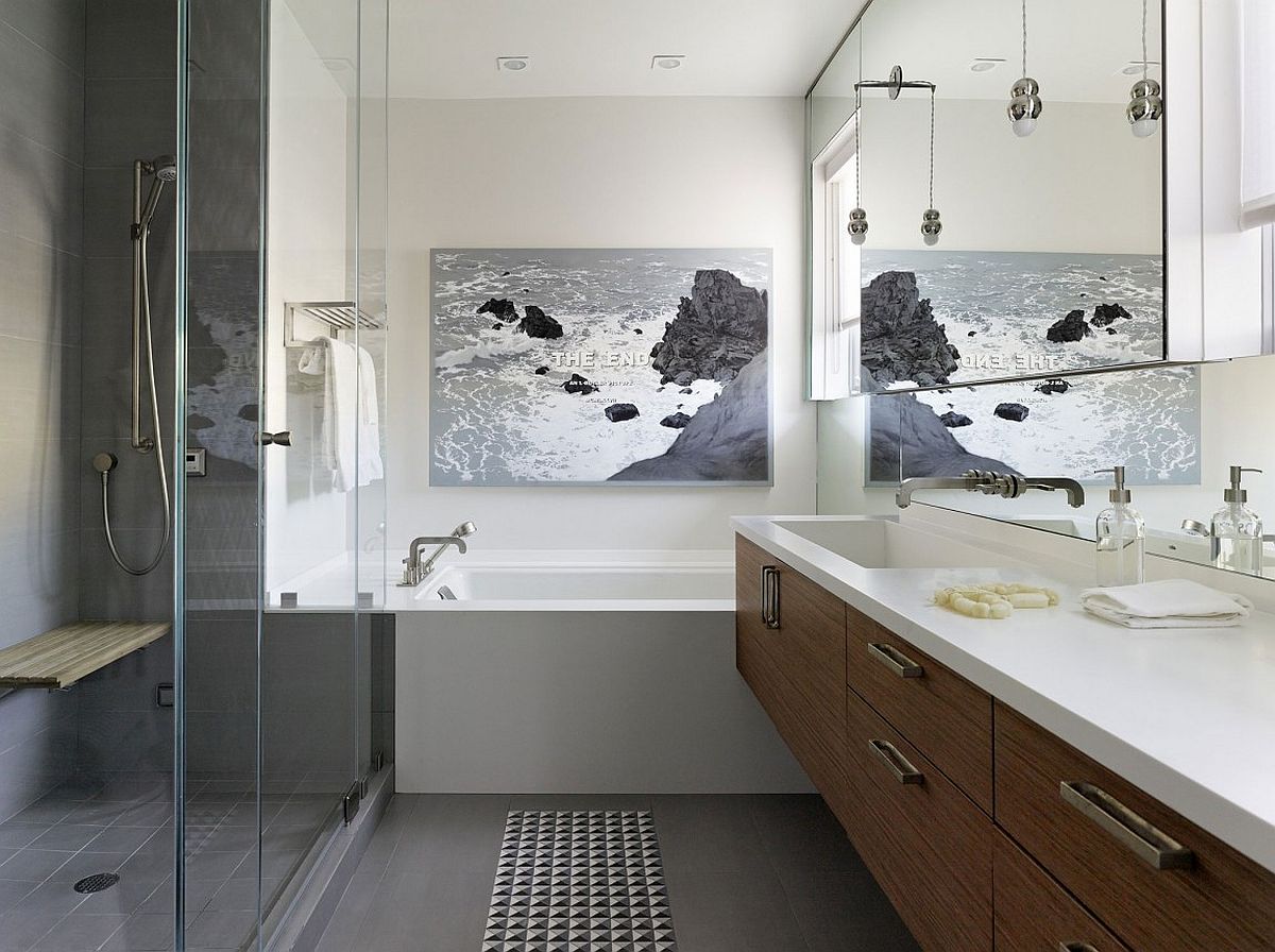 Wall art adds an interesting twist to the spacious modern bathroom