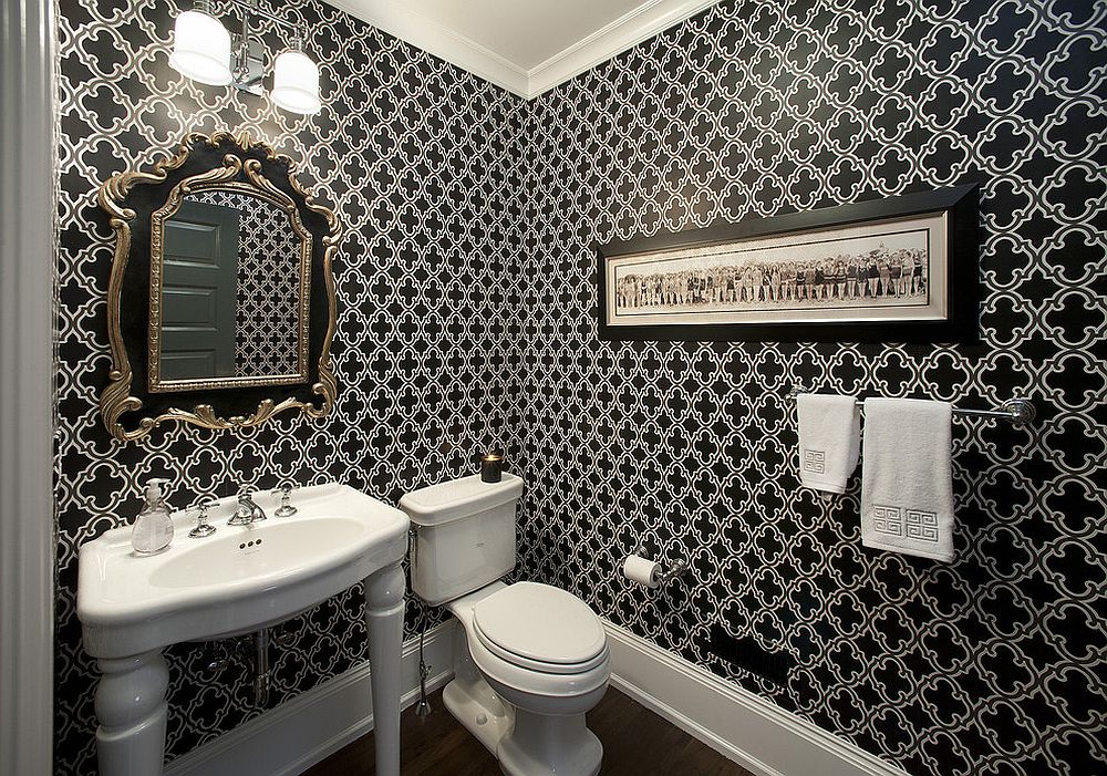 Wallpaper in black white adds elegance to the powder room