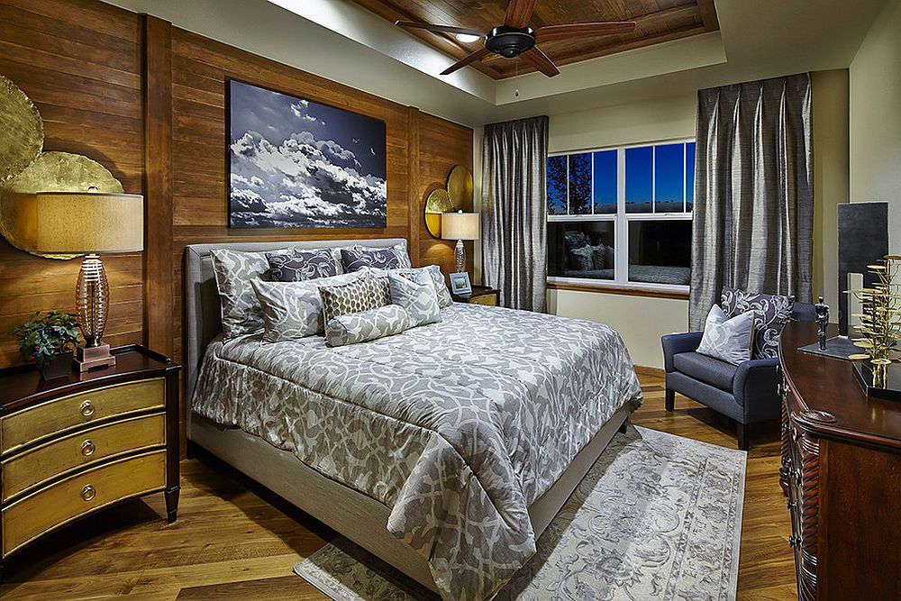 Wood and gold combined elegantly in the transitional bedroom