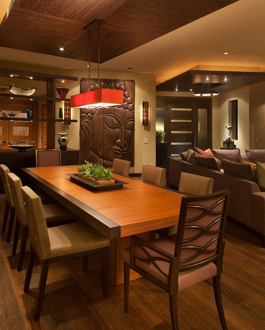 Wood carved Buddha addition steals the show in this serene dining space [From: James Patrick Walters / James Brady Photography]