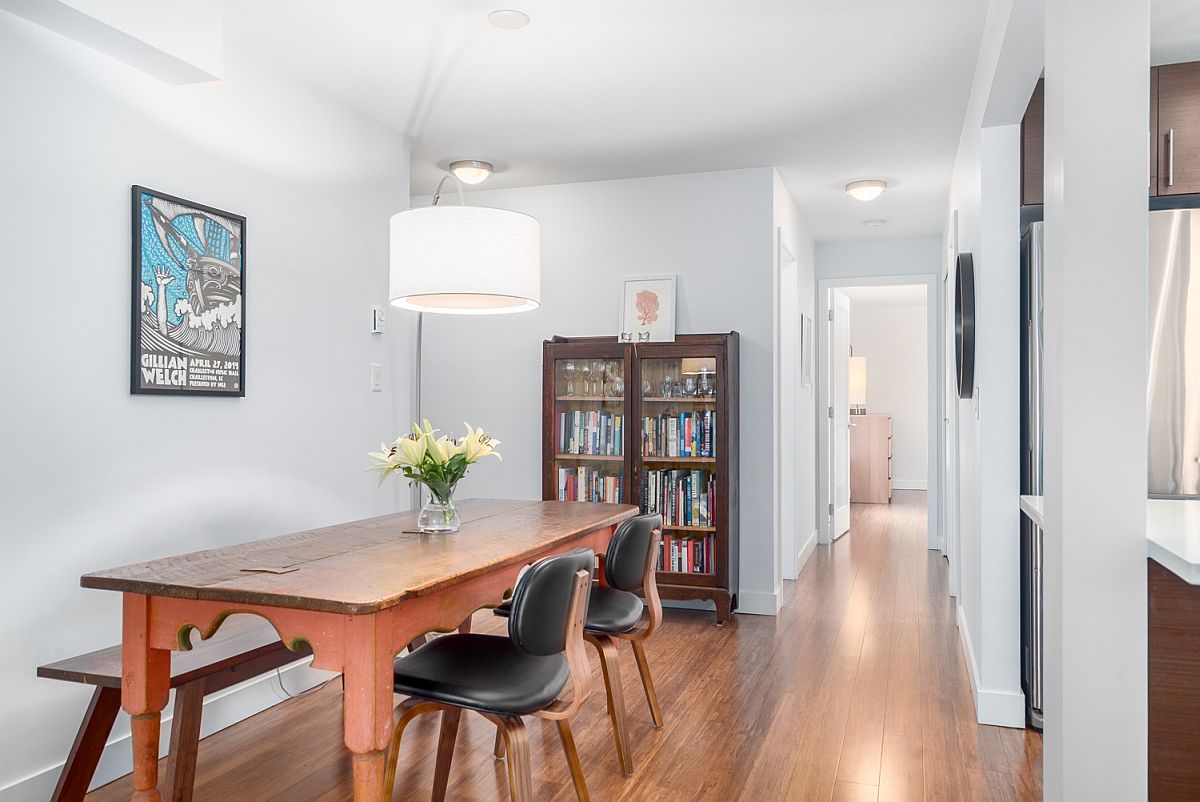 Wooden dining table and bench for the smart dining space