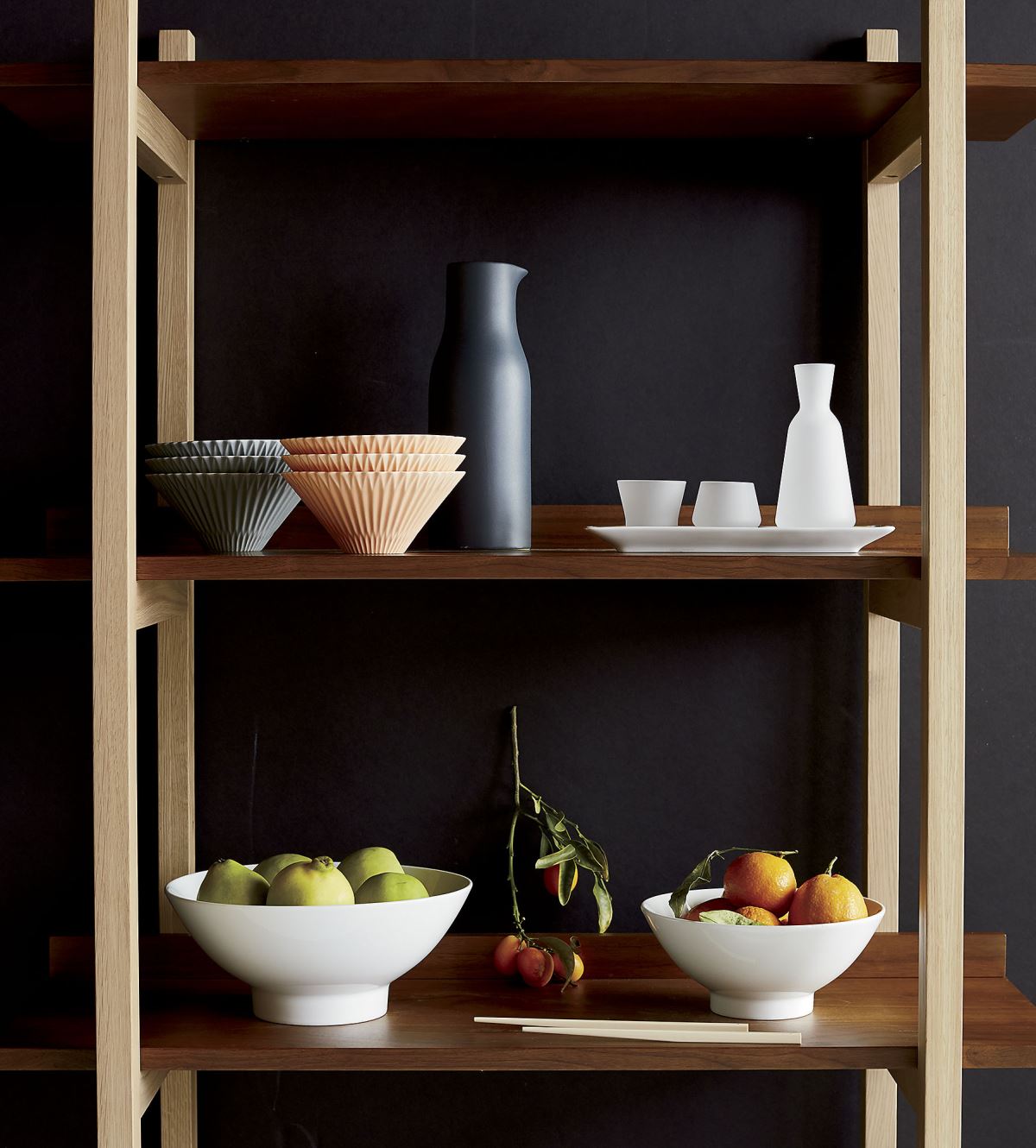 Wooden shelving in a grey room