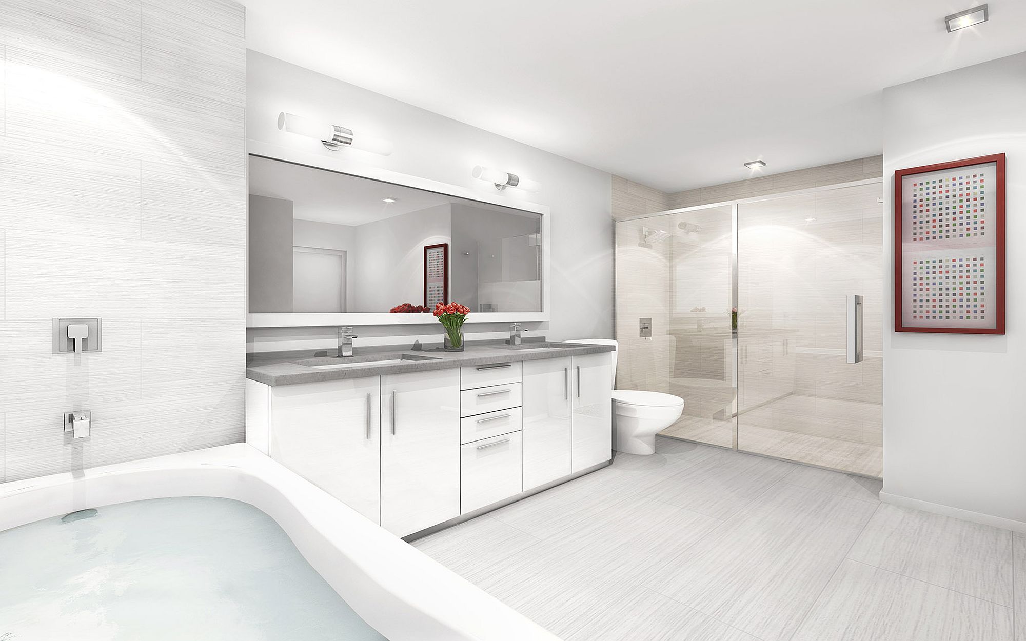 A visualization of contemporary bathroom at luxury condo inside NINE