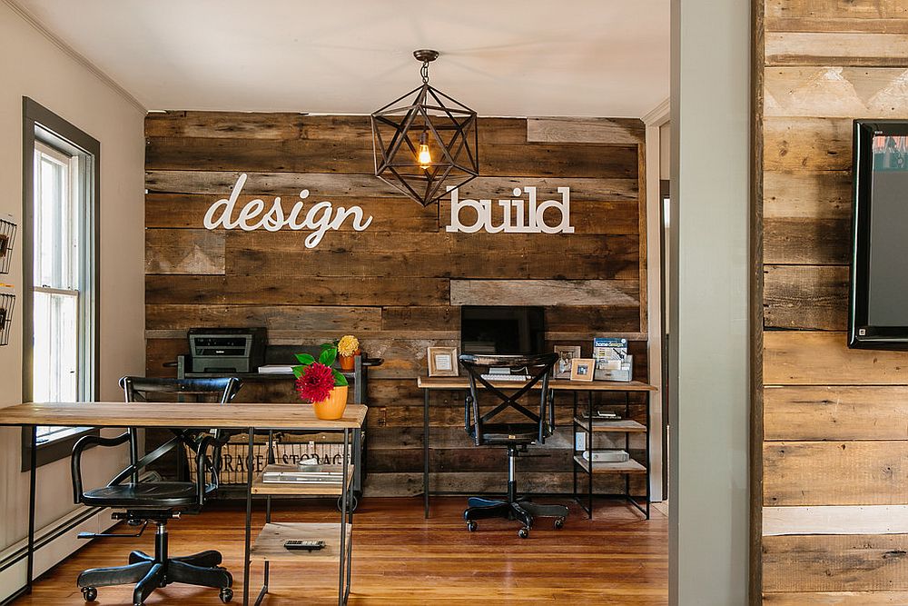 Accent wall crafted from reclaimed wood is perfect for the industrial home office