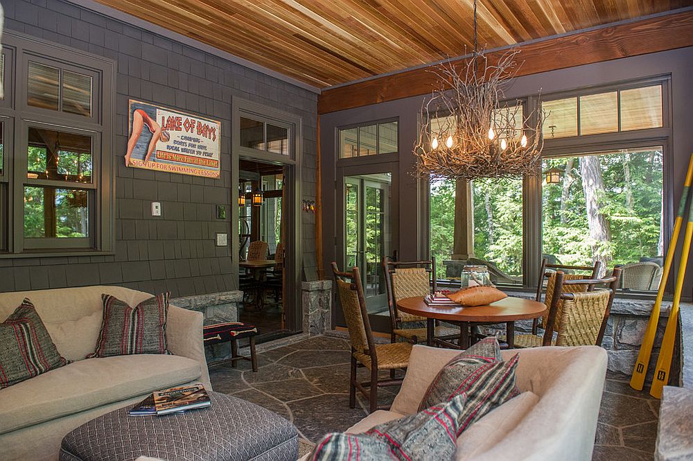 Appalachian Branch Chandelier steals the show in this rustic sunroom