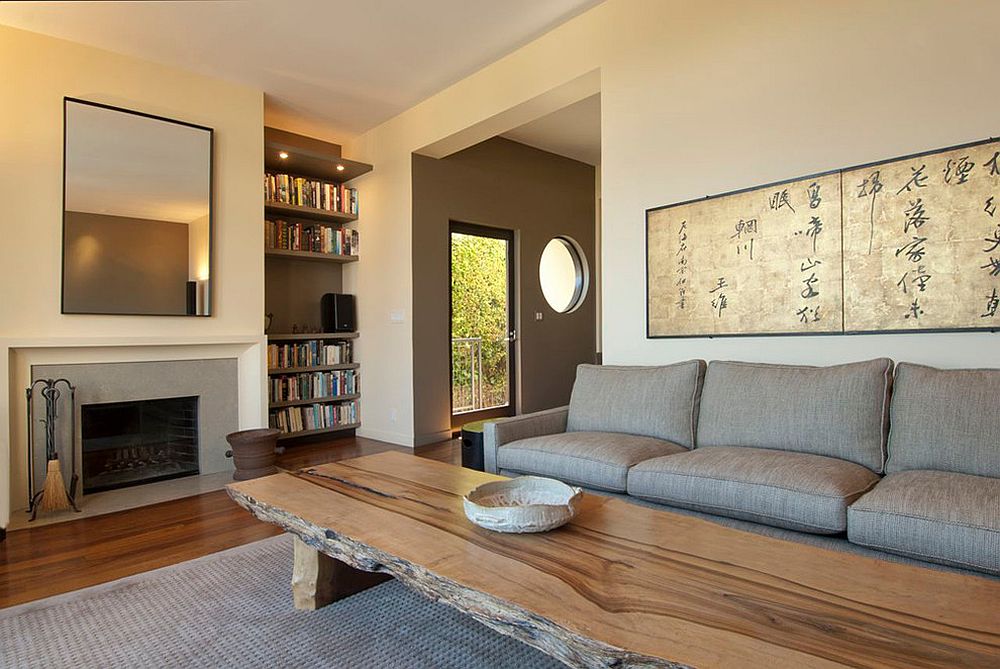 Asian styled living room with large live edge coffee table