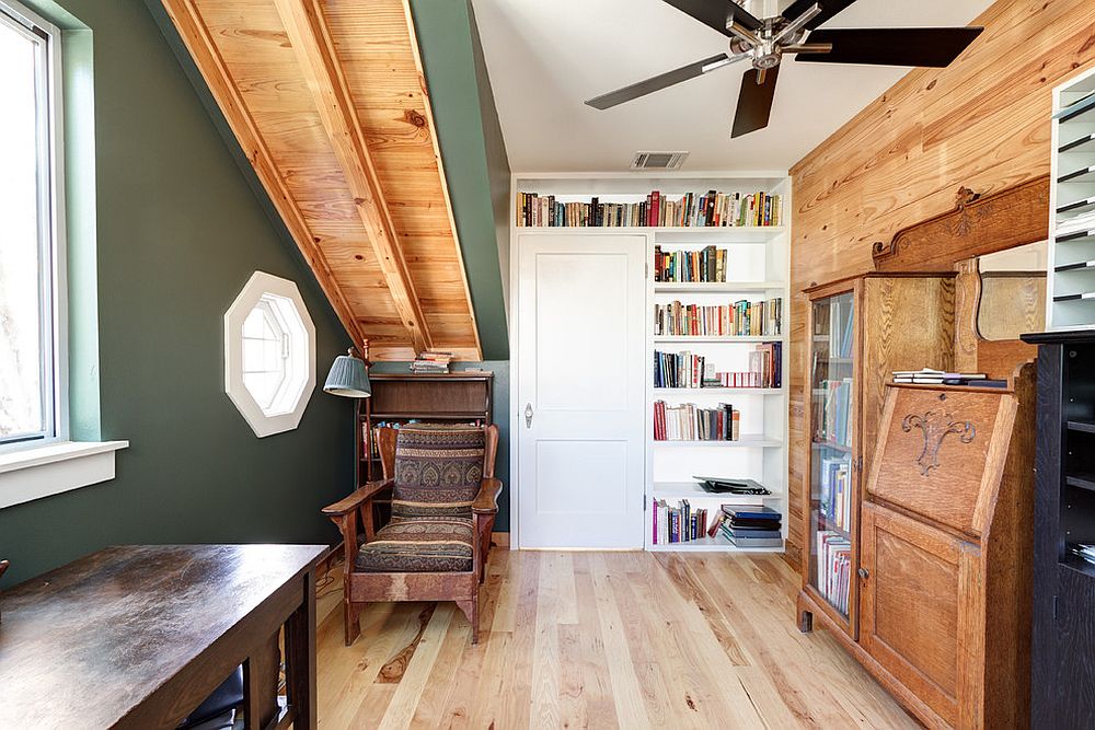 Attic home office with reclaimed wood wall and accents