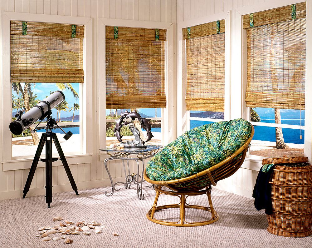 Bamboo furniture and woven wooden shades allow you to create your own personal tropical escape [From: 3 Blind Mice Window Coverings]