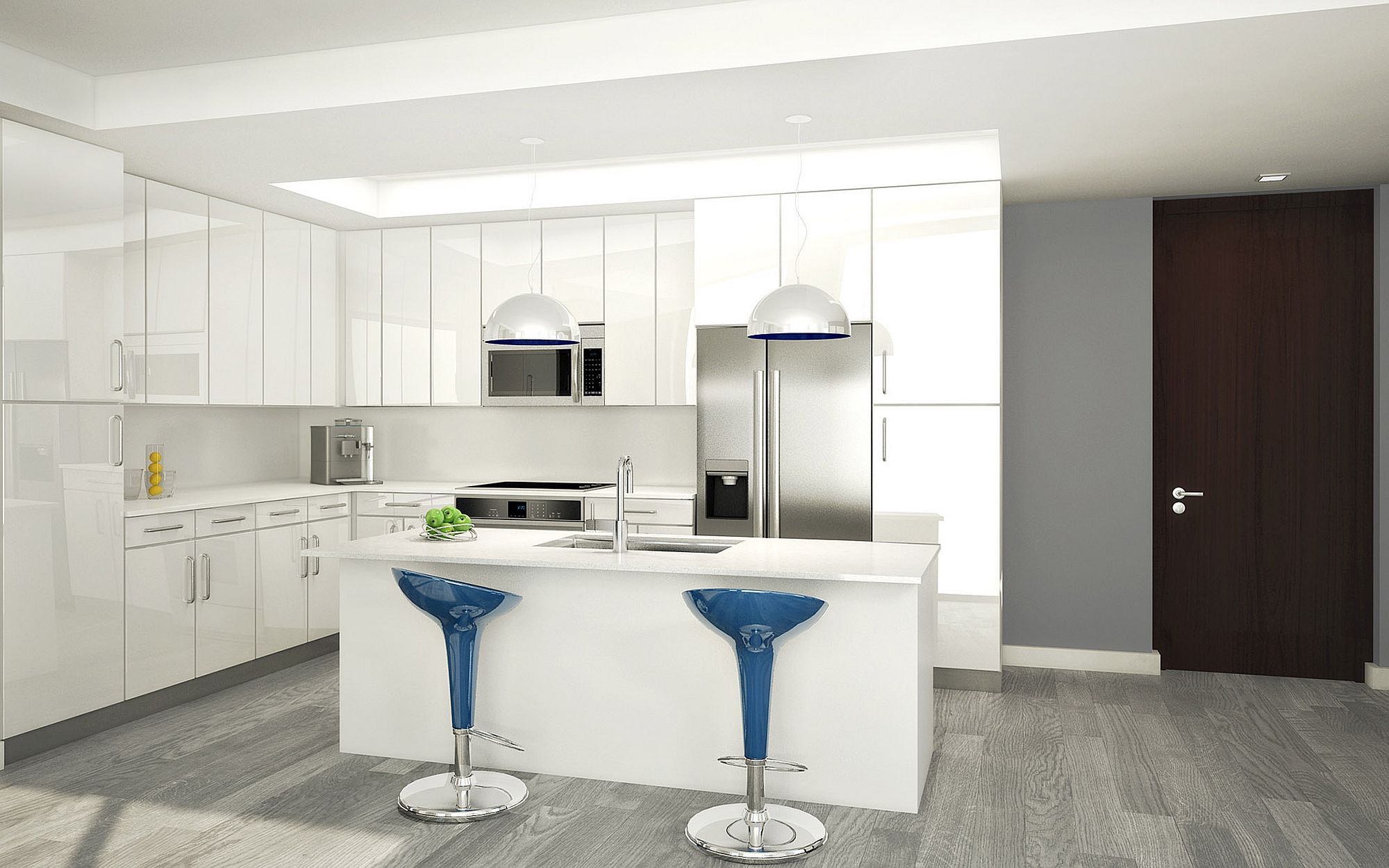 Bar stools bring a touch of blue to the kitchen