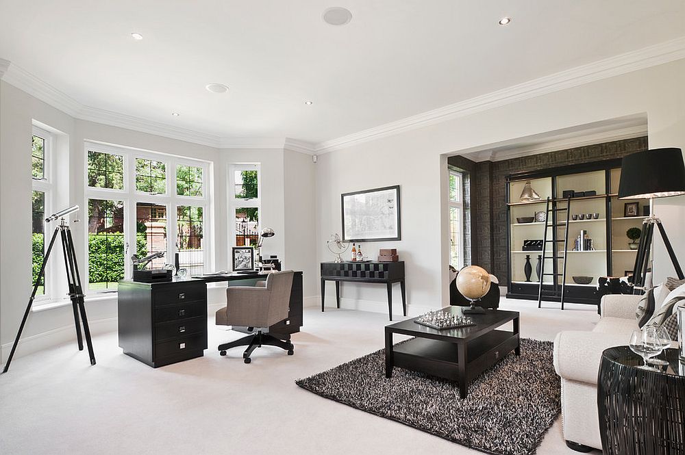 Black anchors this modern home office in white [Design: Alexander James Interiors]