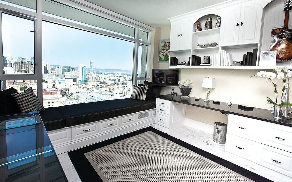 Black defines and highlights architectural features in the all-white home office [Design: Sophie Azouaou]