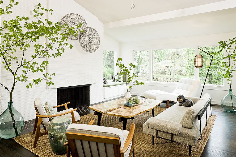 Breezy midecnetury living room with decor that exudes a natural vibe