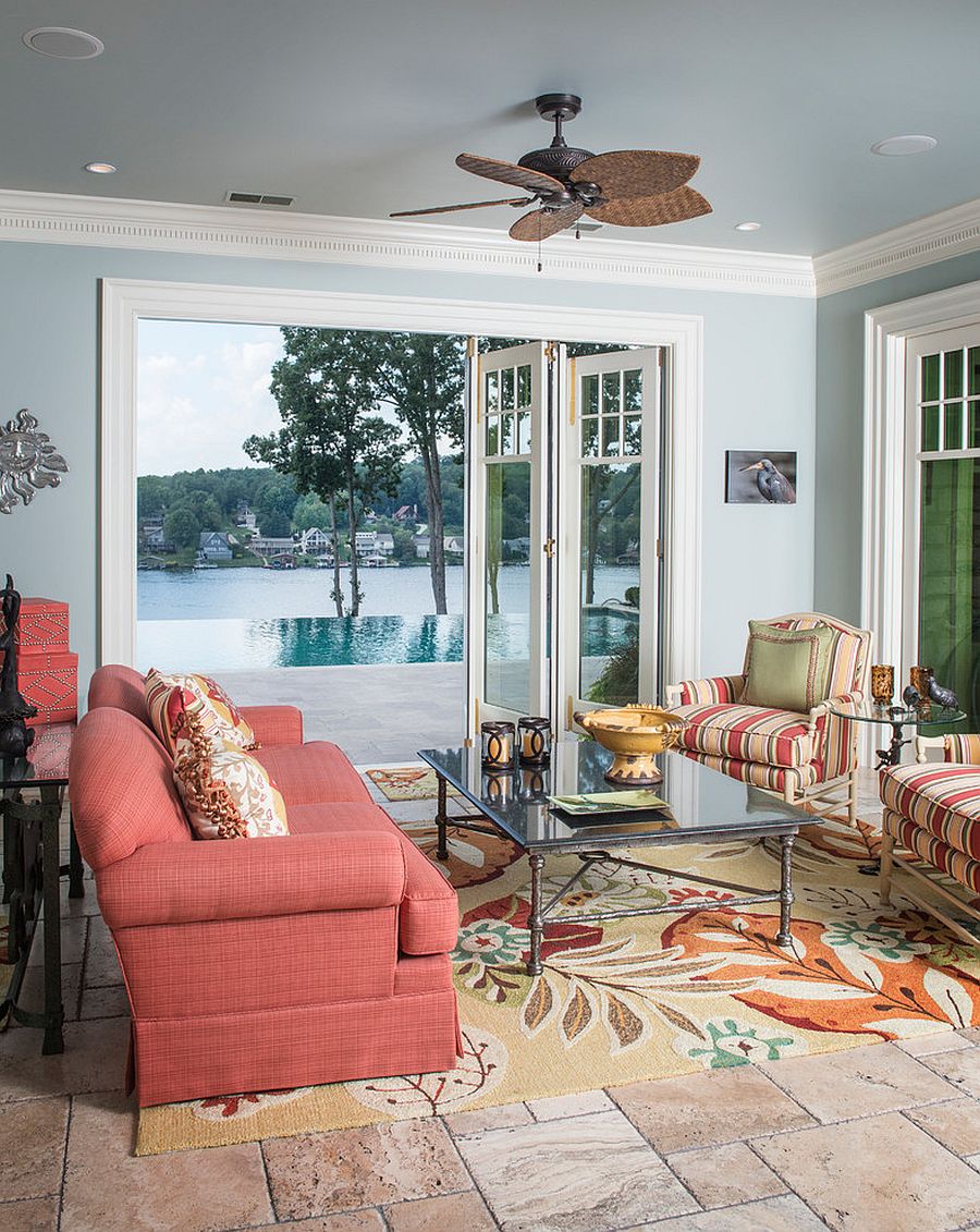 Bright tropical sunroom with a splash of pink