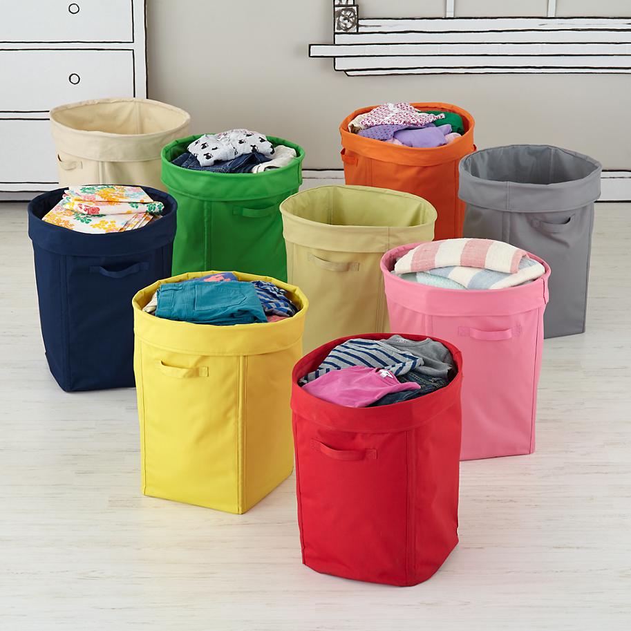 different colored laundry baskets