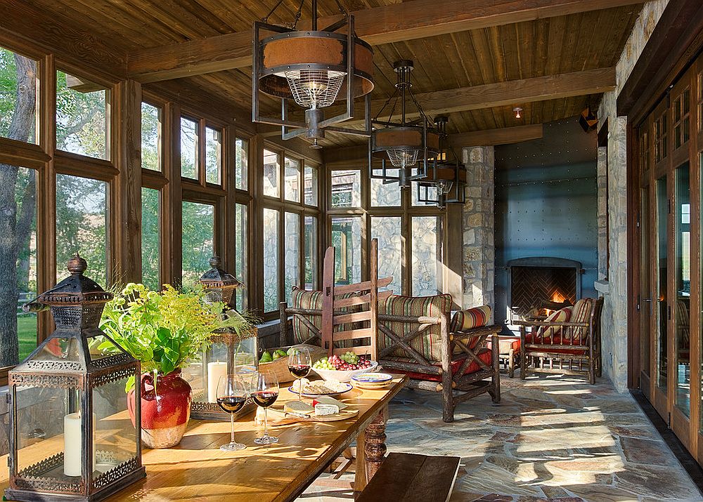 Classic rustic ranch style for the spacious sunroom with dining area