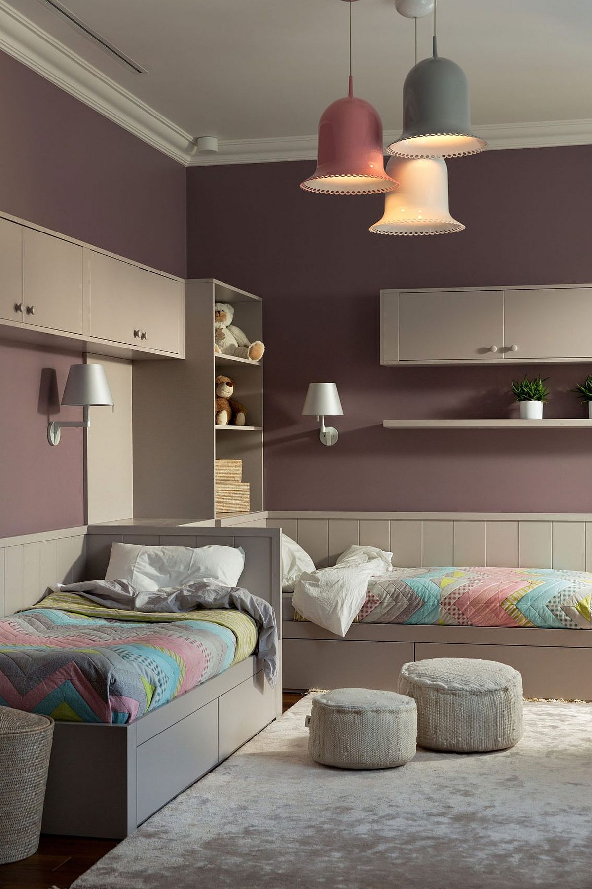 Colorful kids' room with twin beds in the corner