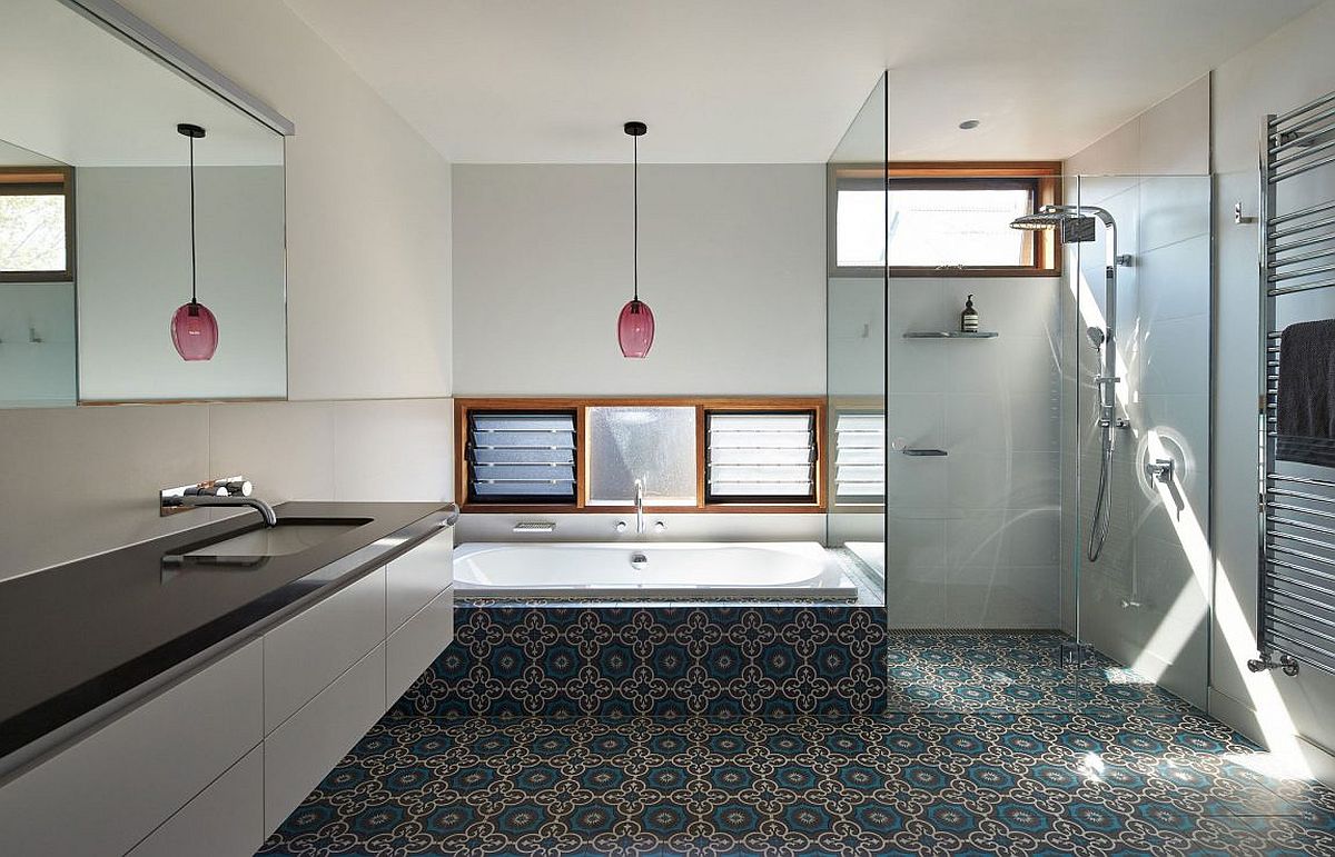 Contemporary bathroom with colorful floor tiles