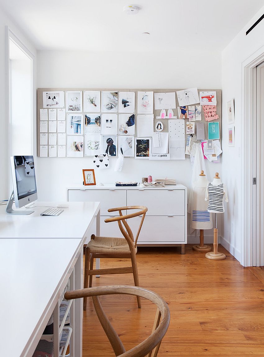 Contemporary home office in white with multiple workstations [Design: Bonaventura Architect]