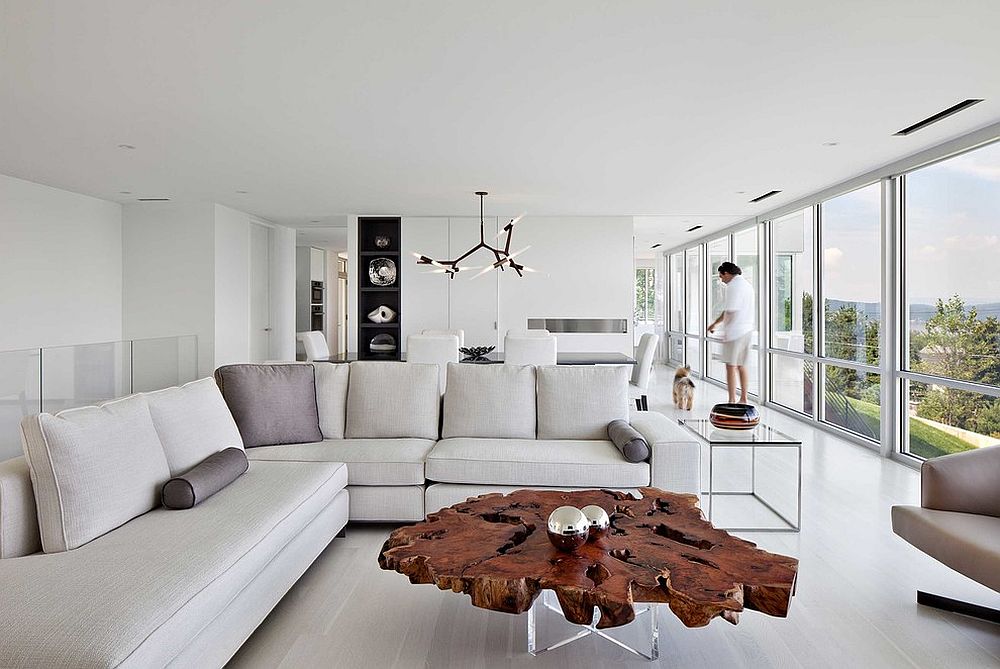 Contemporary living room in white live edge coffee table [Design: Workshop/APD]