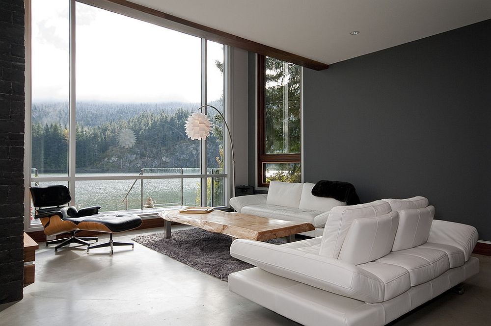 Contemporary living room with neutral color palette and live edge coffee table