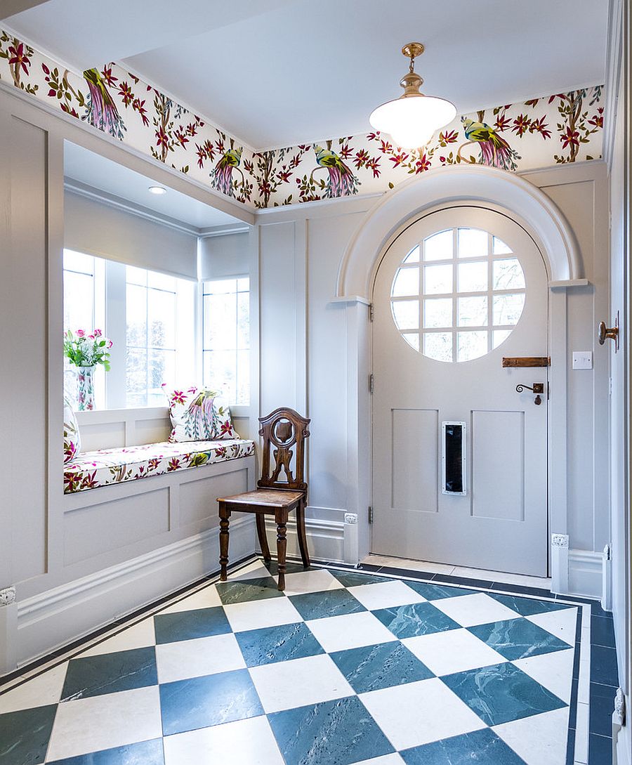 Cottage style coupled with eclectic charm and color in the entry hall [From: Turner Builders]