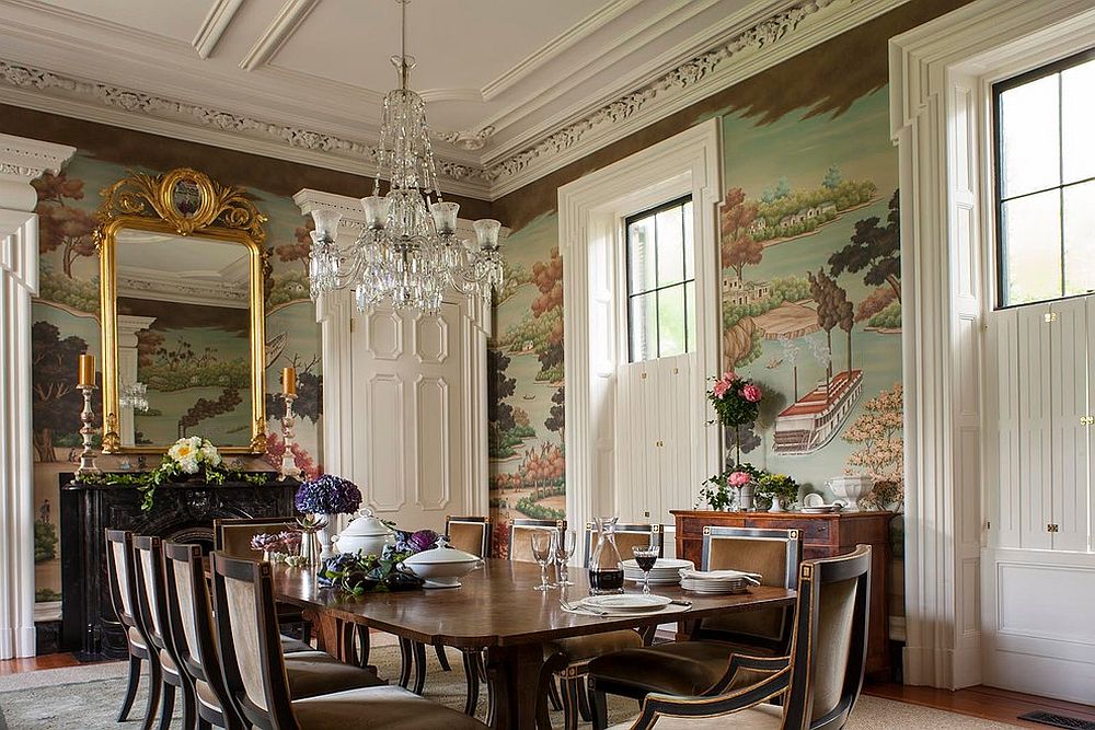 Custom Gracie Studio Wallcovering is the showstopper in this elegant dining room [Design: SLC Interiors]