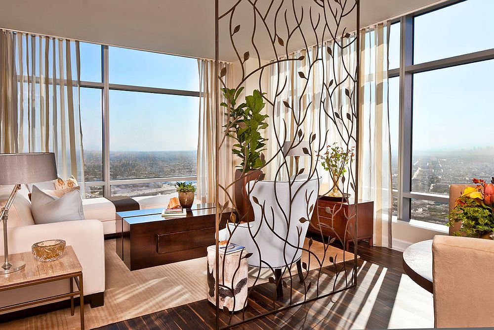 Custom crafted room divider brings a hint of artistic beauty to the living room