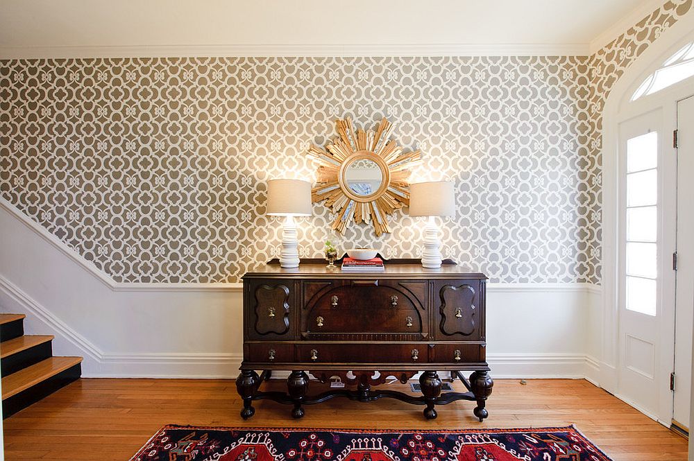 Custom stencil made by Royal Design Stencils replaces wallpaper in this spacious foyer [Design: Kelly Brown Interiors]