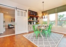 Dining-room-with-bright-green-chairs-corner-coffee-station-and-sliding-style-barn-door-217x155