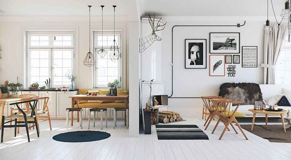 Dining space next to the living room with wishbone chairs