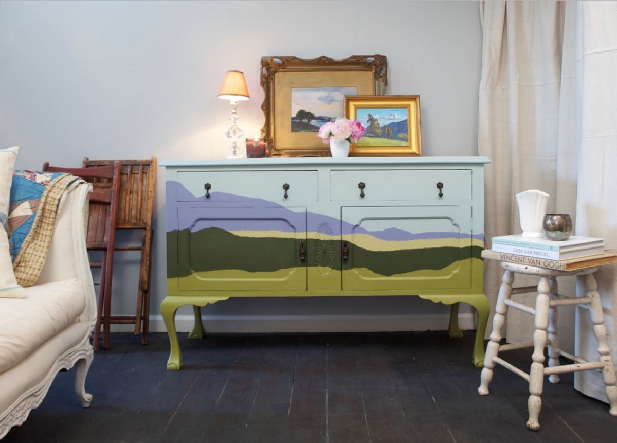 Dresser painted with a landscape motif