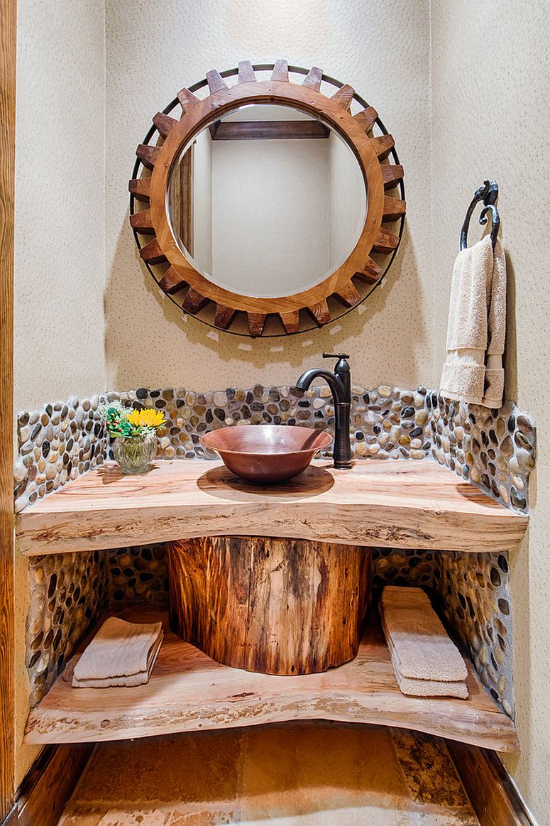 Duel level live edge vanity for the small, rustic powder room [Design: By Design Interiors / Photography: Brad Carr]