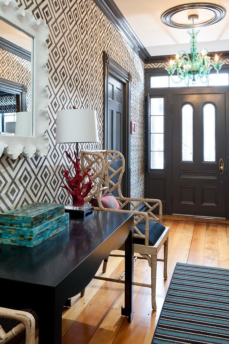 Eclectic modern entry with Fiorentina wallcovering from Lee Jofa [Design: Rachel Reider Interiors]