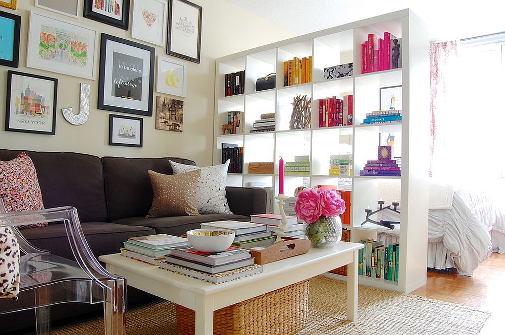 Expedit bookshelf from IKEA used as a room divider in the shabby chic home [From: Corynne Pless Photography]