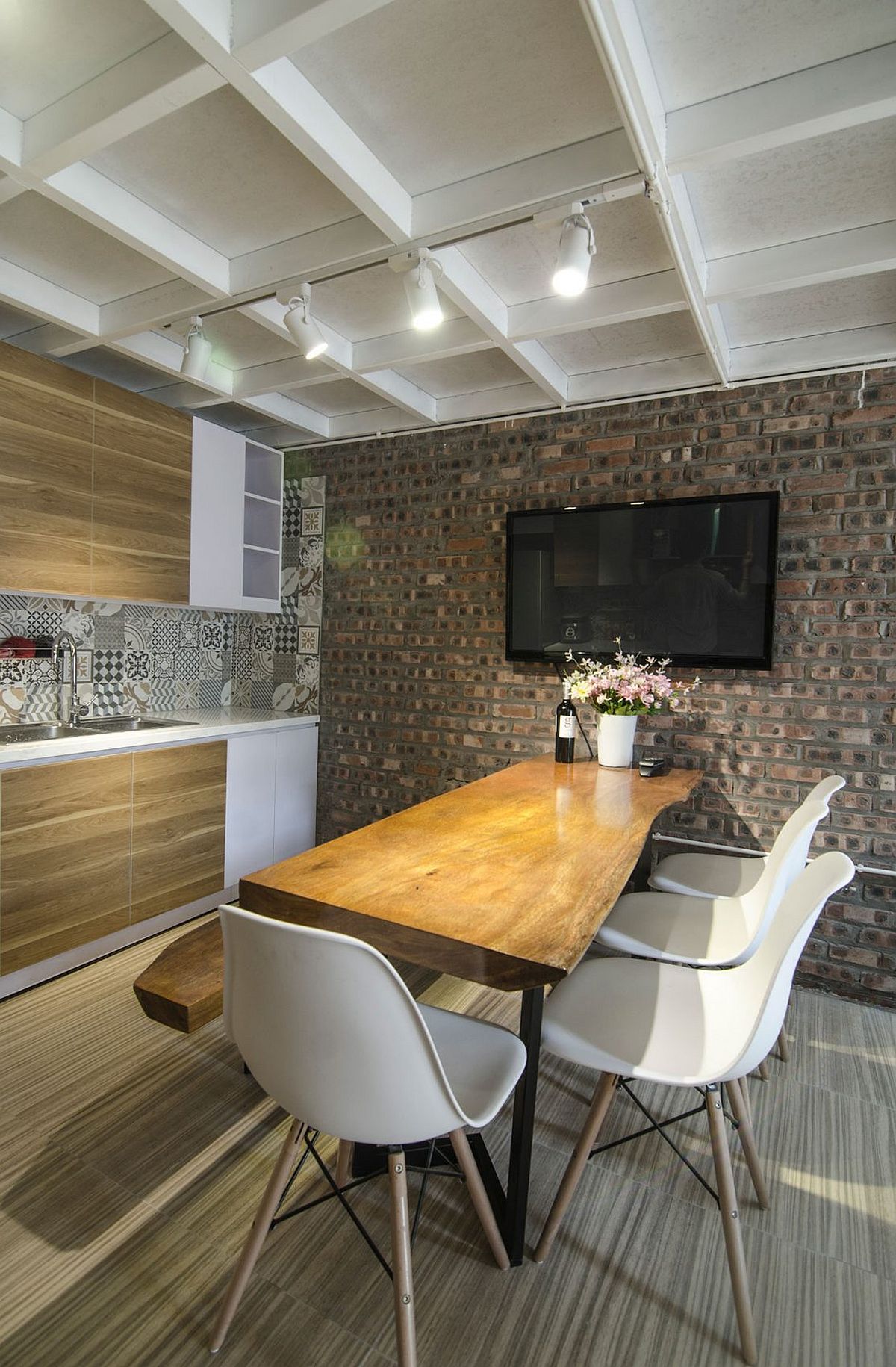 Exposed brick wall and live edge table for the dining room