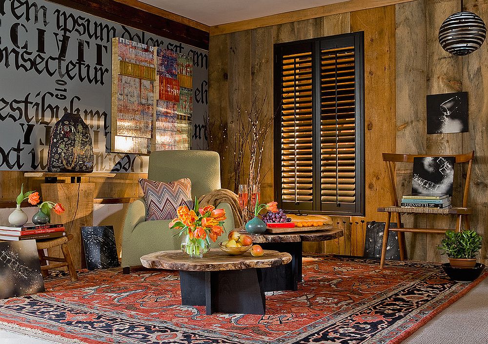 Exquisite eclectic livig room with pops of bright color and a dashing coffee table