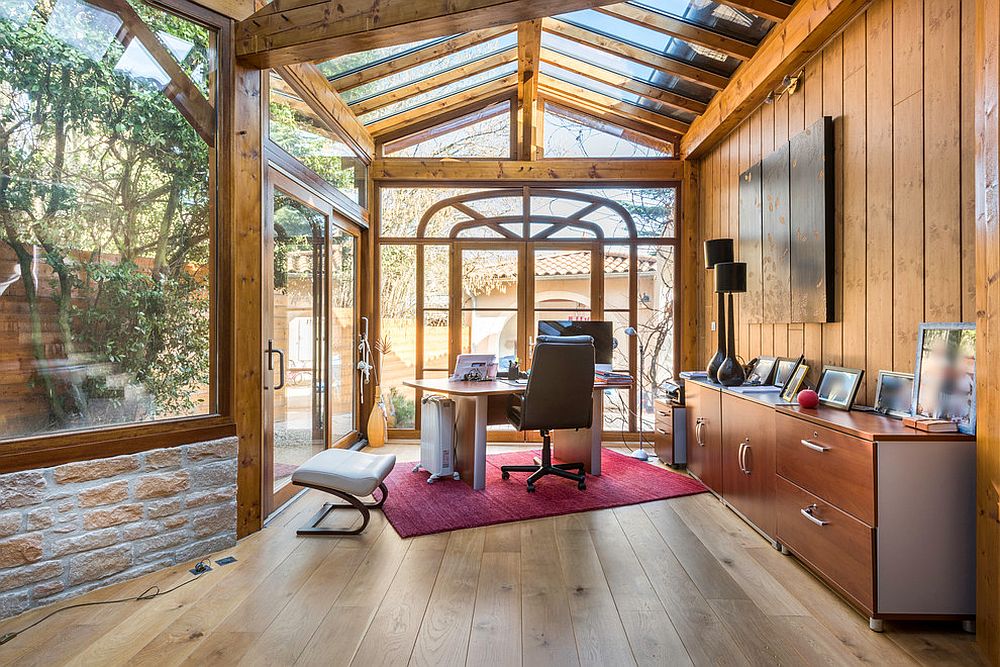 Exquisite rustic sunroom that doubles as a quiet home office