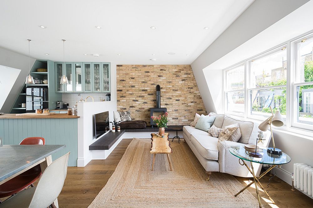 Farmhouse living room with brick wall and live edge coffee table