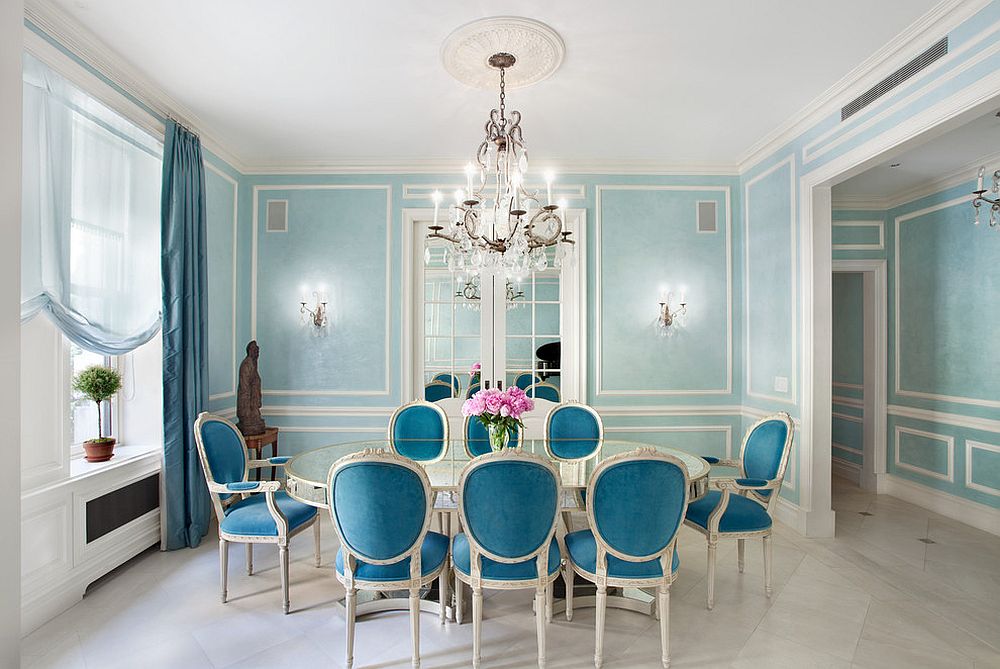 French classic and Victorian styles rolled into one in this gorgeous dining room in blue