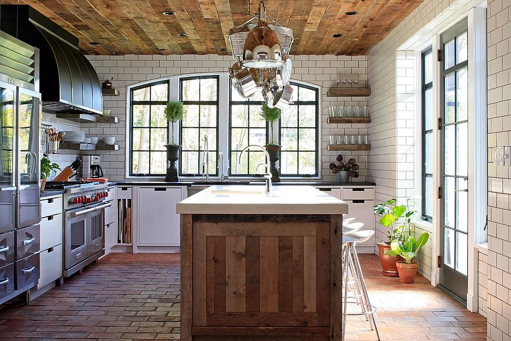 Gorgeous kitchen island draped in reclaimed wood