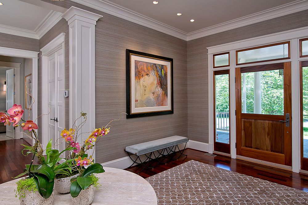 Grasscloth wallcovering adds color and textural beauty to the entryway