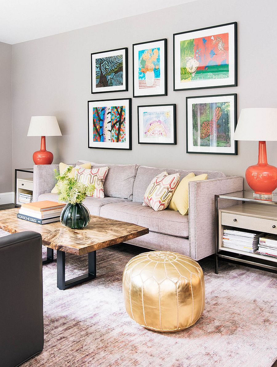 Gray living room with stylish gallery wall and live edge coffee table