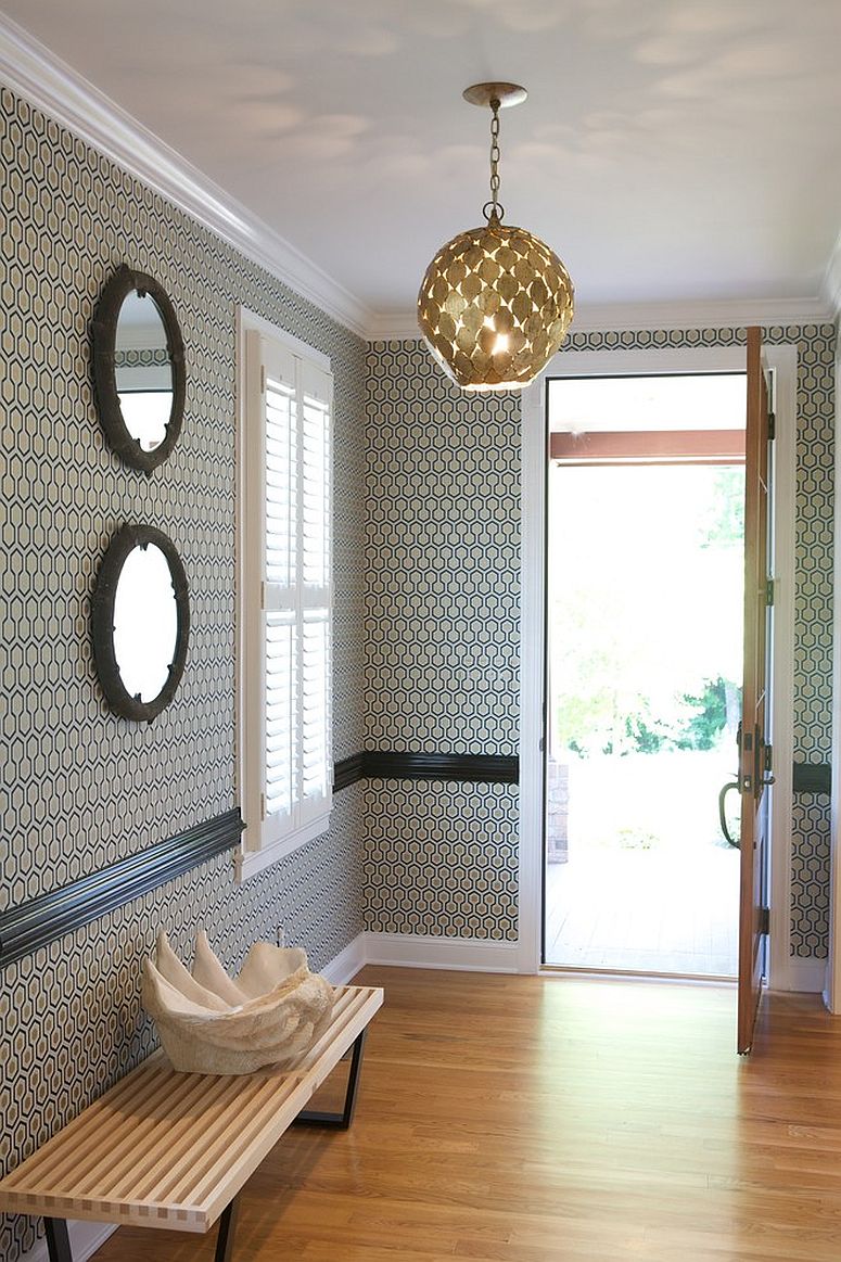 Entryway Decor and Wallpapered Ceiling  A Beautiful Mess