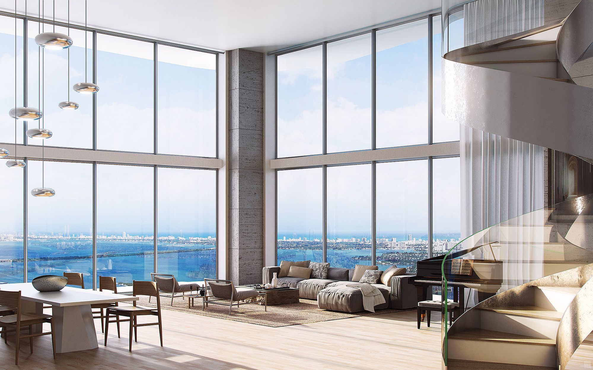 Interior of the apartment offers stunning views of city skyline thanks to floor-to-ceiling windows