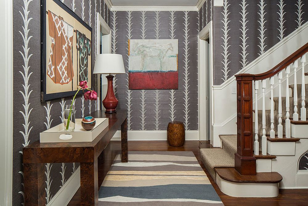 Foyer with White and Blue Wallpaper  Transitional  Entrancefoyer