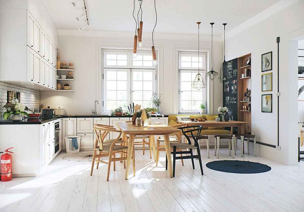 L-shaped Scandinavian kitchen in white with corner seating and dining space