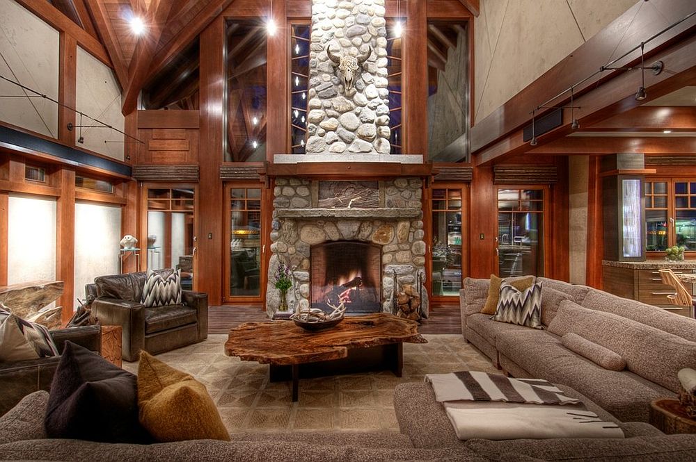 Large rustic living room with comfy decor and natural edge coffee table